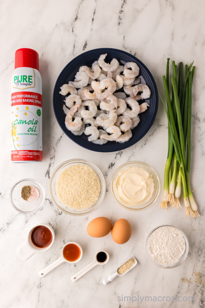 Ingredients on a table that are used to make air fryer bang bang shrimp. 