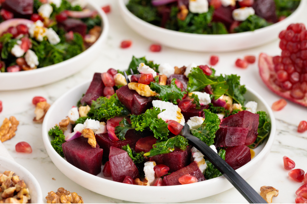 Beet and kale salad on a plate ready to serve.