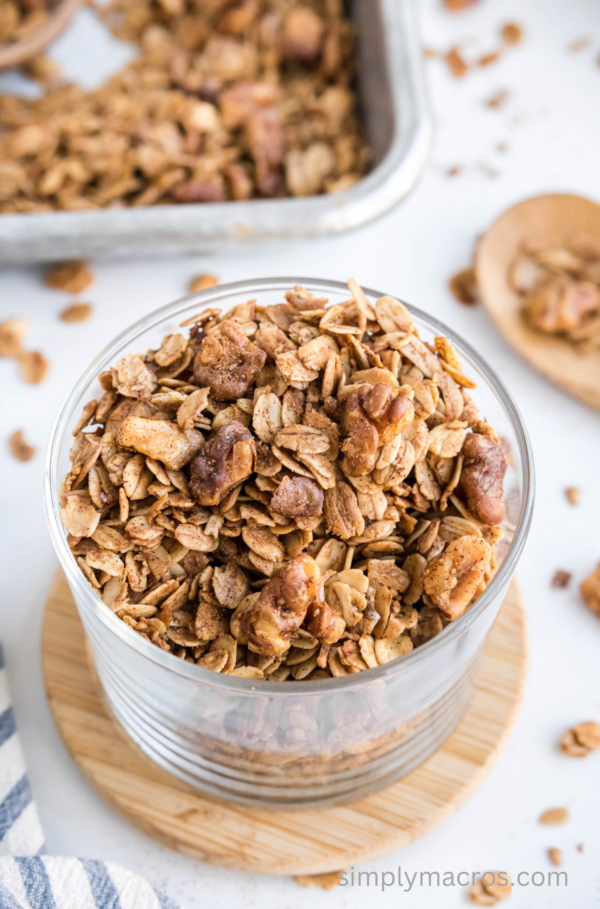 Gluten free and vegan cinnamon vanilla granola in a cup, ready to serve.