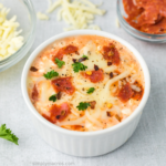 Pizza bowl made with cottage cheese, ready to serve.