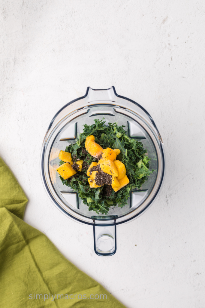 Ingredients in the base of a blender, ready to blend. 