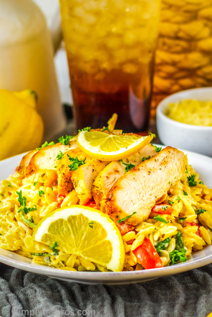 Plate full of lemon chicken orzo.