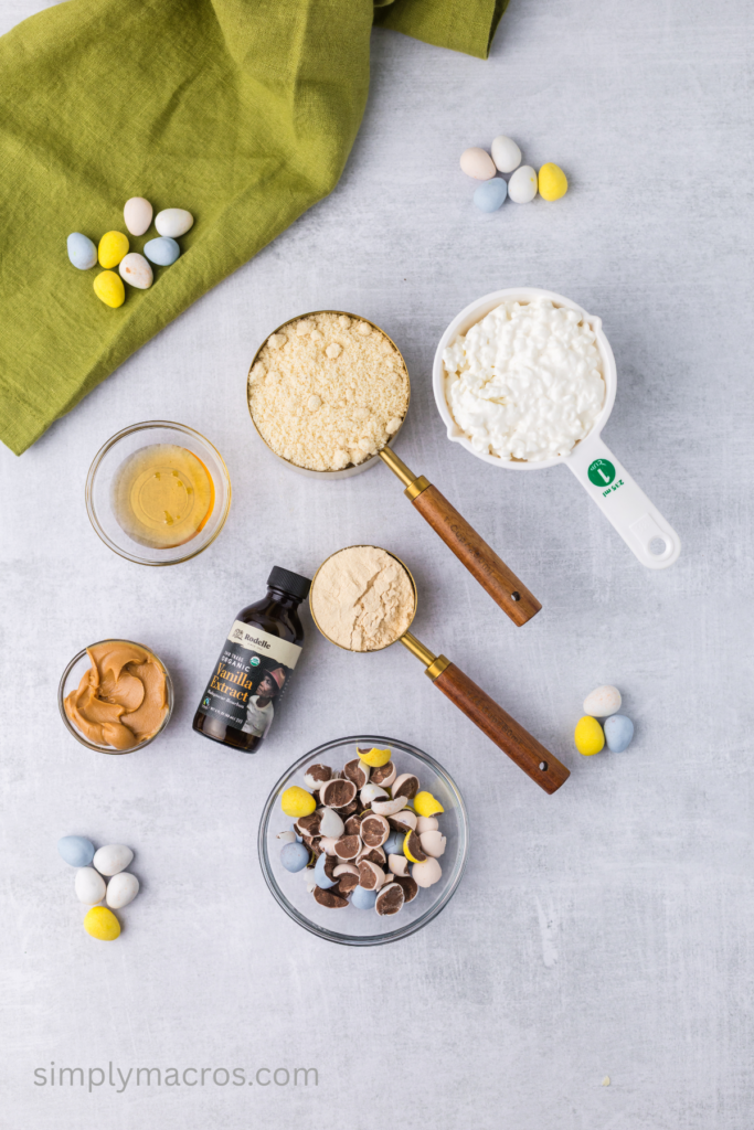 Ingredients measured out to make Cadbury Egg protein cookie dough.