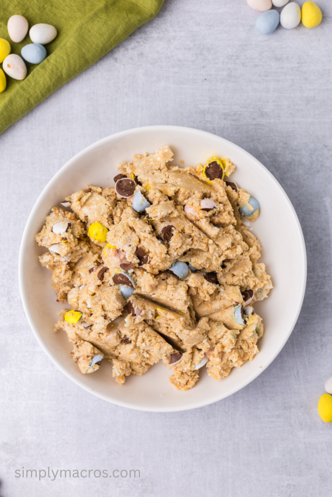 Cadbury egg protein cookie dough in a bowl, ready to eat. 