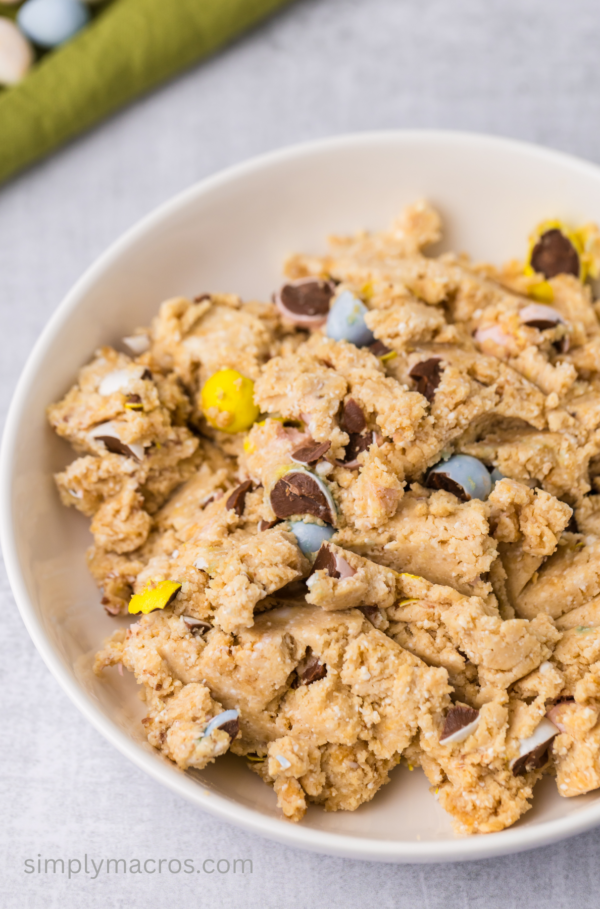 Cadbury Egg Protein Cookie Dough in a bowl and ready to serve.