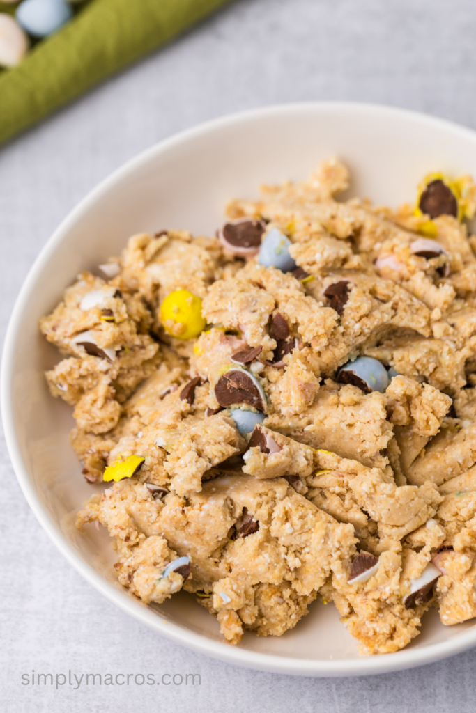 Cadbury Egg Protein Cookie Dough in a bowl, ready to serve.