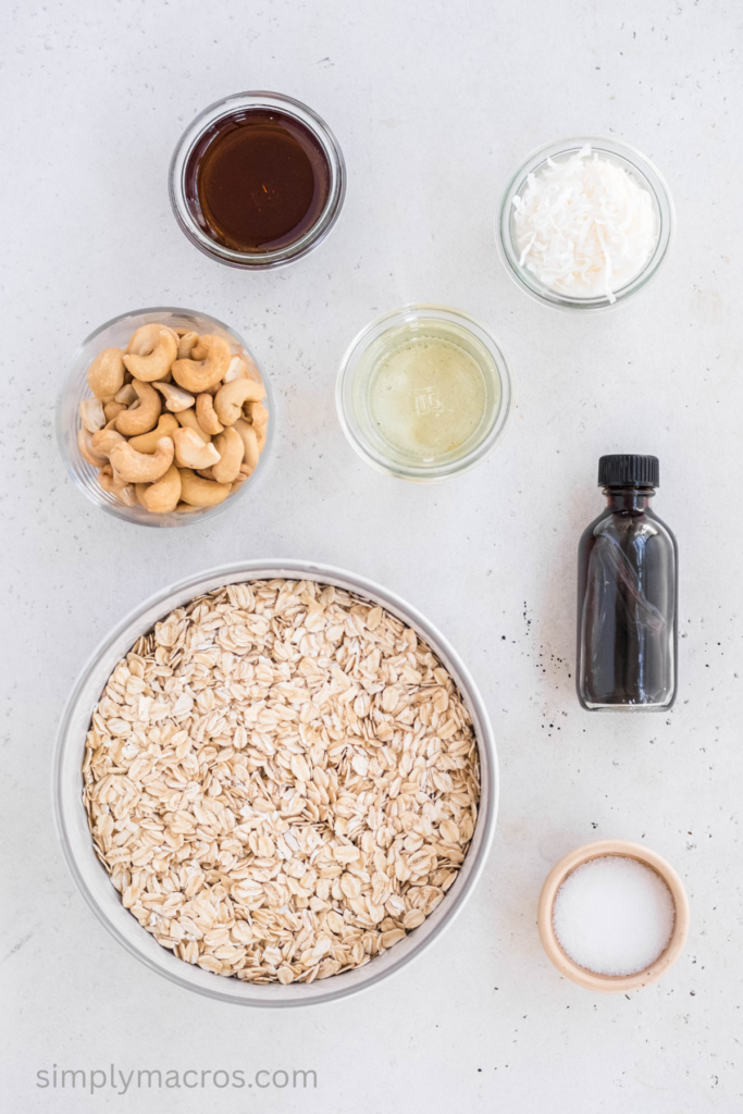Recipe ingredients for cashew coconut granola separated and ready to use. 