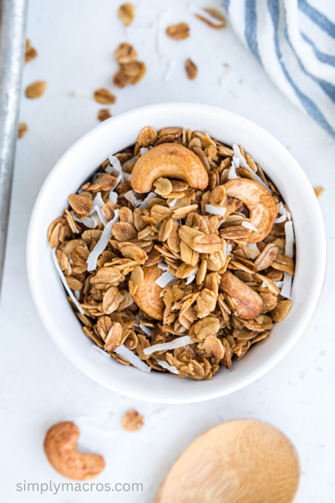 Cashew coconut granola in a bowl in a table ready to serve.