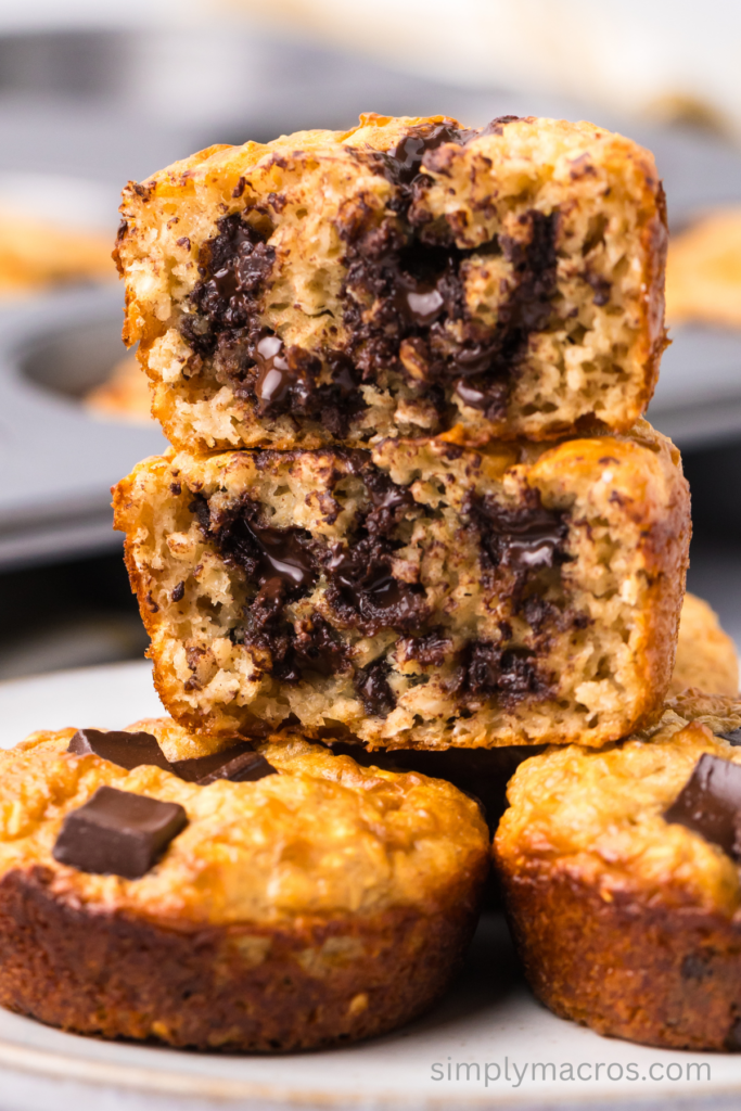Close up of cottage cheese muffins with chocolate chunks on a plate. 