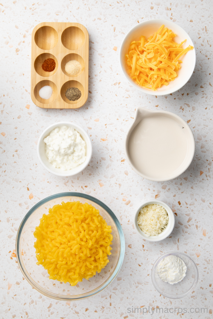 Ingredients measured out to make mac and cheese with cottage cheese.