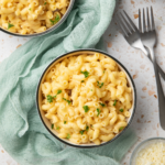 Overhead photo of cottage cheese mac and cheese in a bowl.