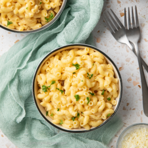 Overhead photo of cottage cheese mac and cheese in a bowl.