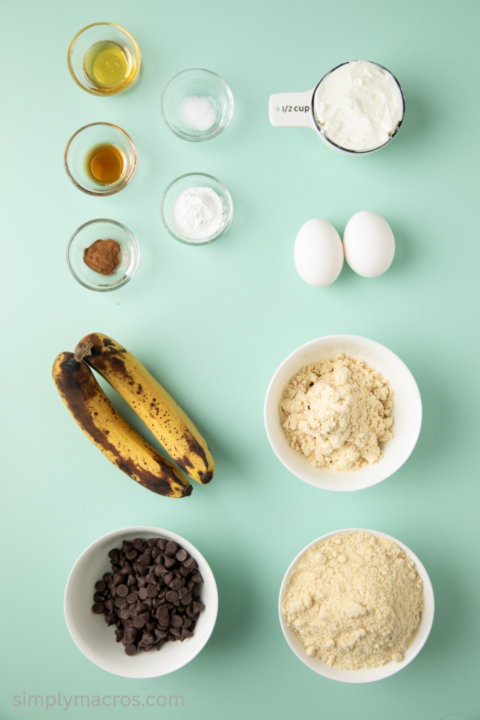 Ingredients measured out to make protein banana bread with chocolate chips.