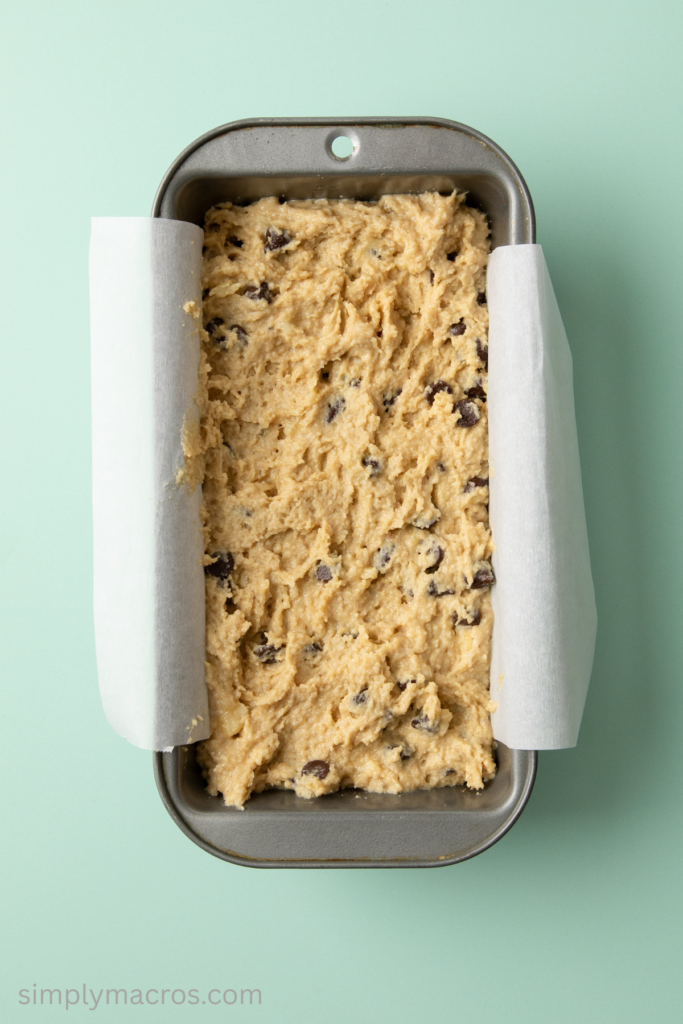 Chocolate chip protein dough in the prepared loaf pan.