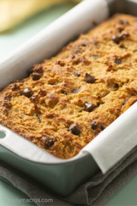 close up of chocolate chip protein banana bread in a pan.