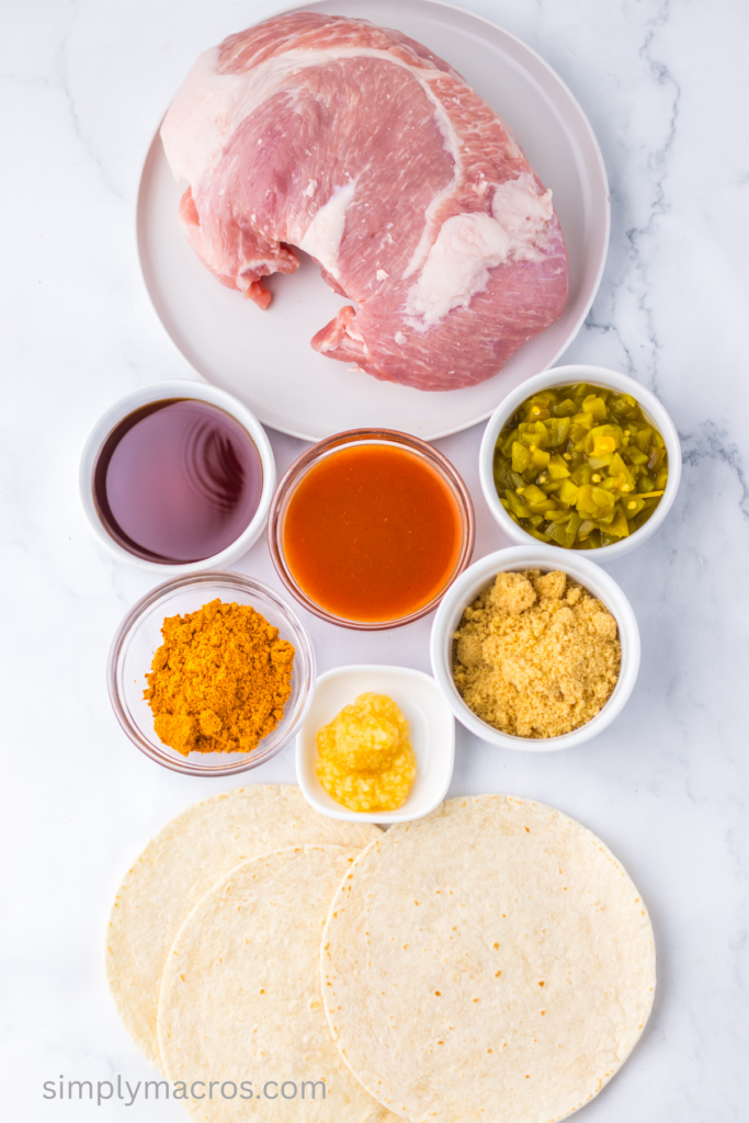 Ingredients  measured out into bowls used to make sweet enchilada pork.