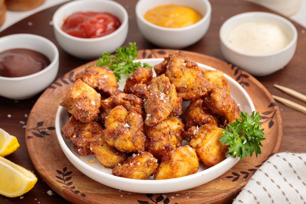 Air fried chicken bites fully cooked on a plate and surrounded by dipping sauces.
