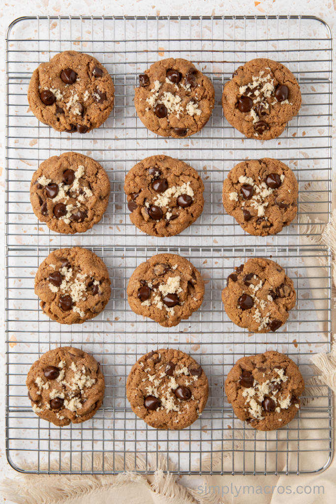 Almond butter chocolate chip cookies on a cooling rack. 
