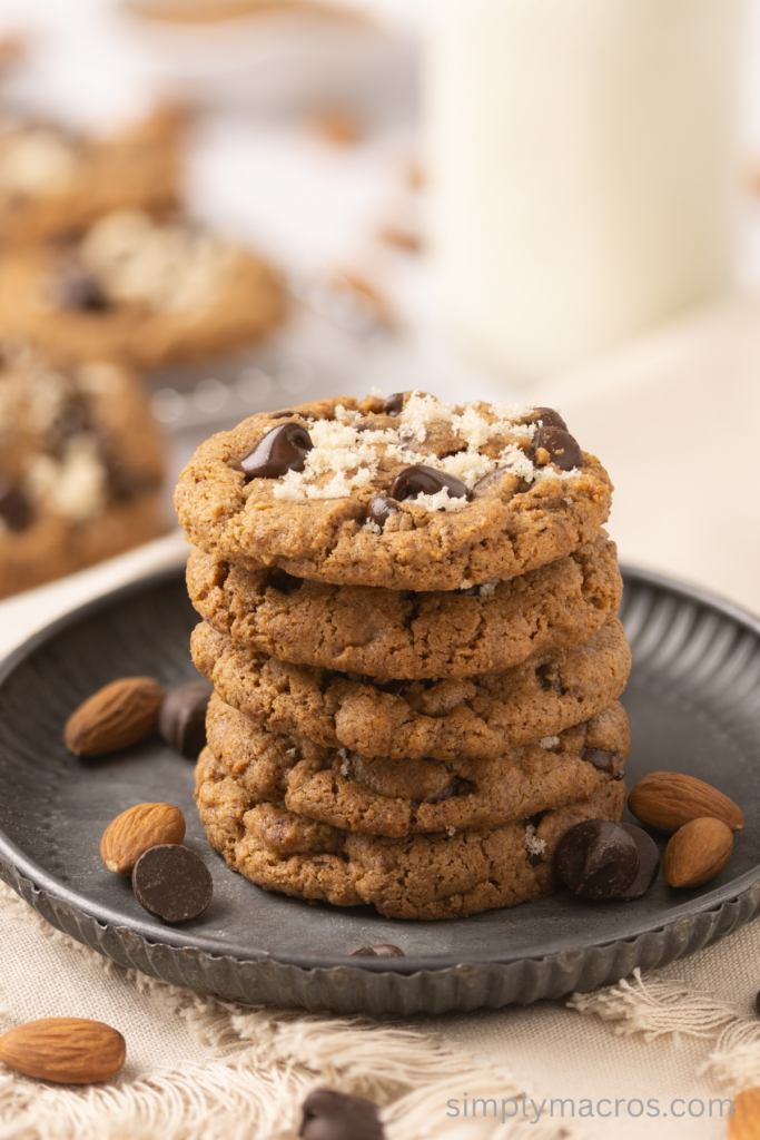 Stack of almond butter chocolate chip cookies on a plate.