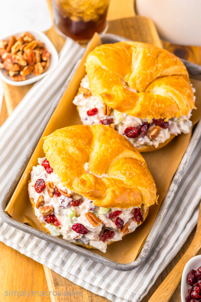 Cranberry pecan chicken salad on croissants and ready to eat.