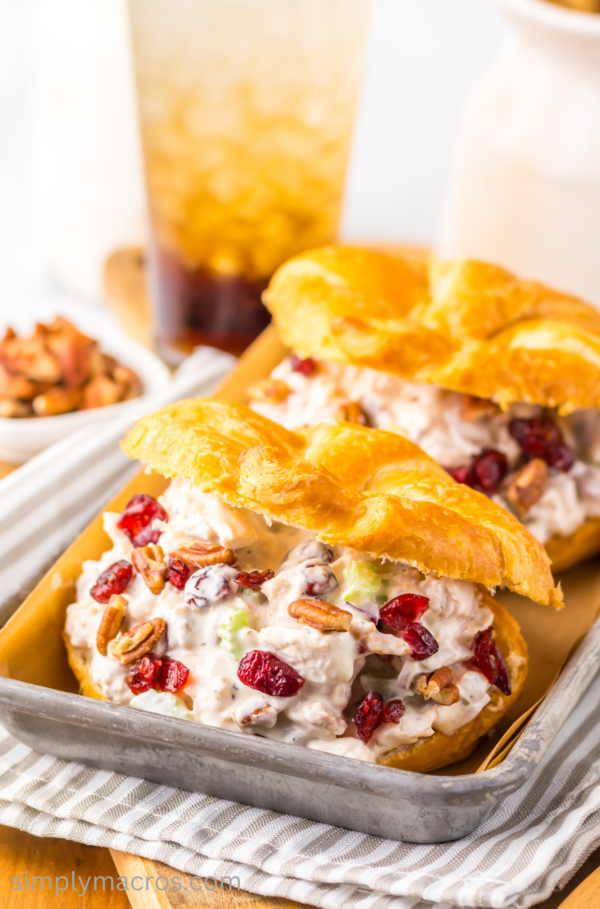 Cranberry pecan chicken salad on crescent rolls ready to serve.