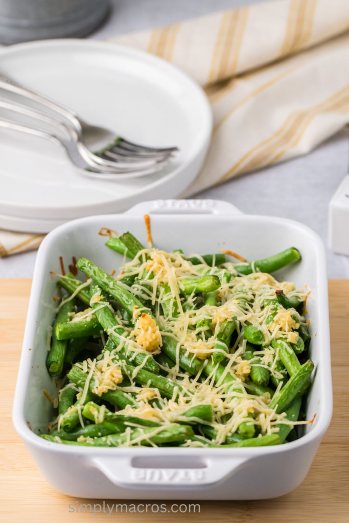 Oven roasted garlic parmesan green beans ready to serve.