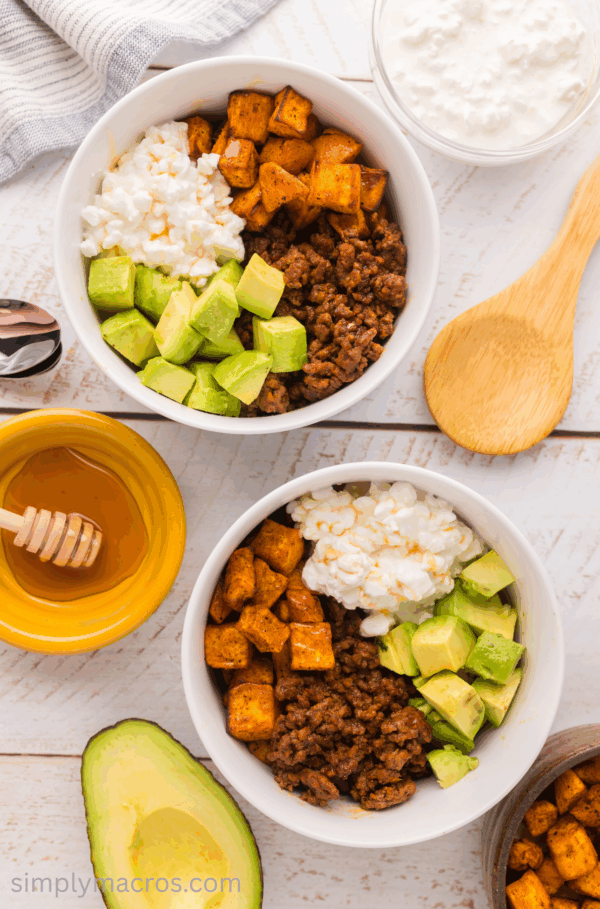 Ground beef bowls with sweet potatoes and hot honey.