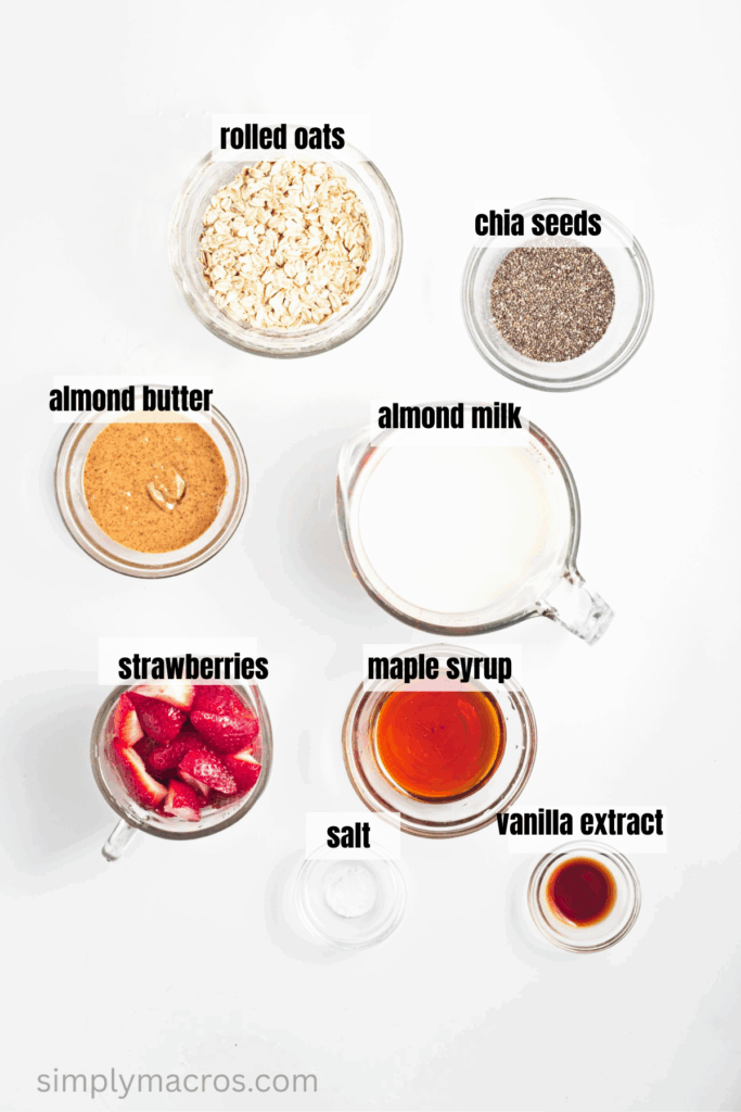 Measured ingredients to make strawberry almond overnight chia oats.