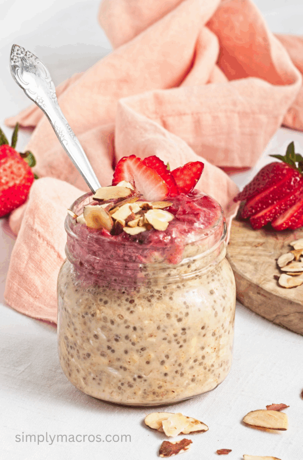 Strawberry almond overnight chia oats in a container and ready to serve.