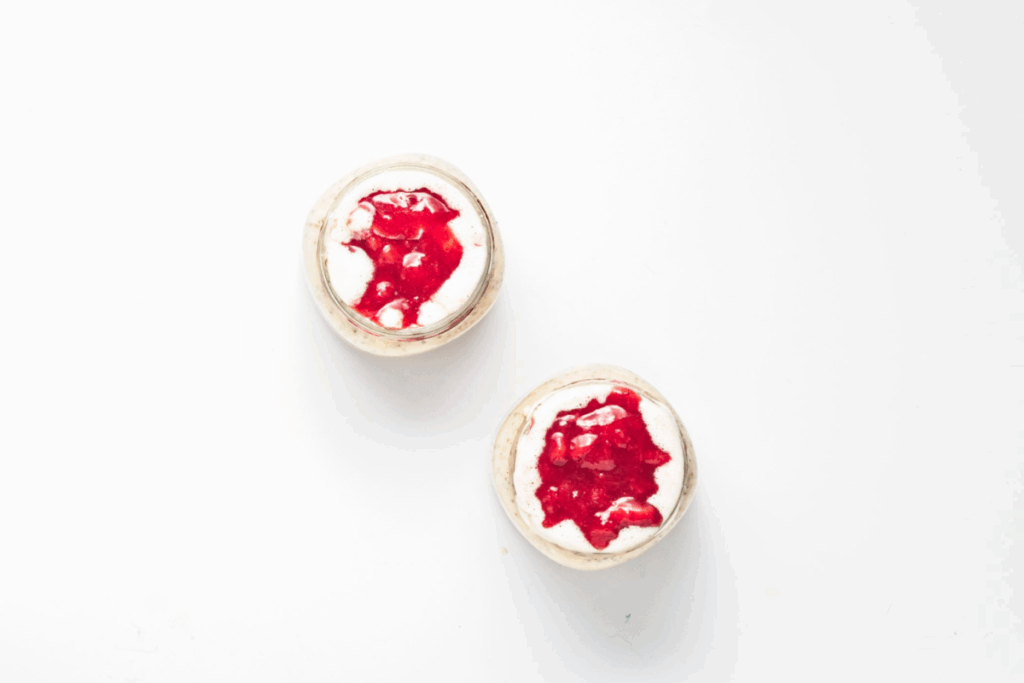 Strawberry compote added to the chia and oat mixture. 