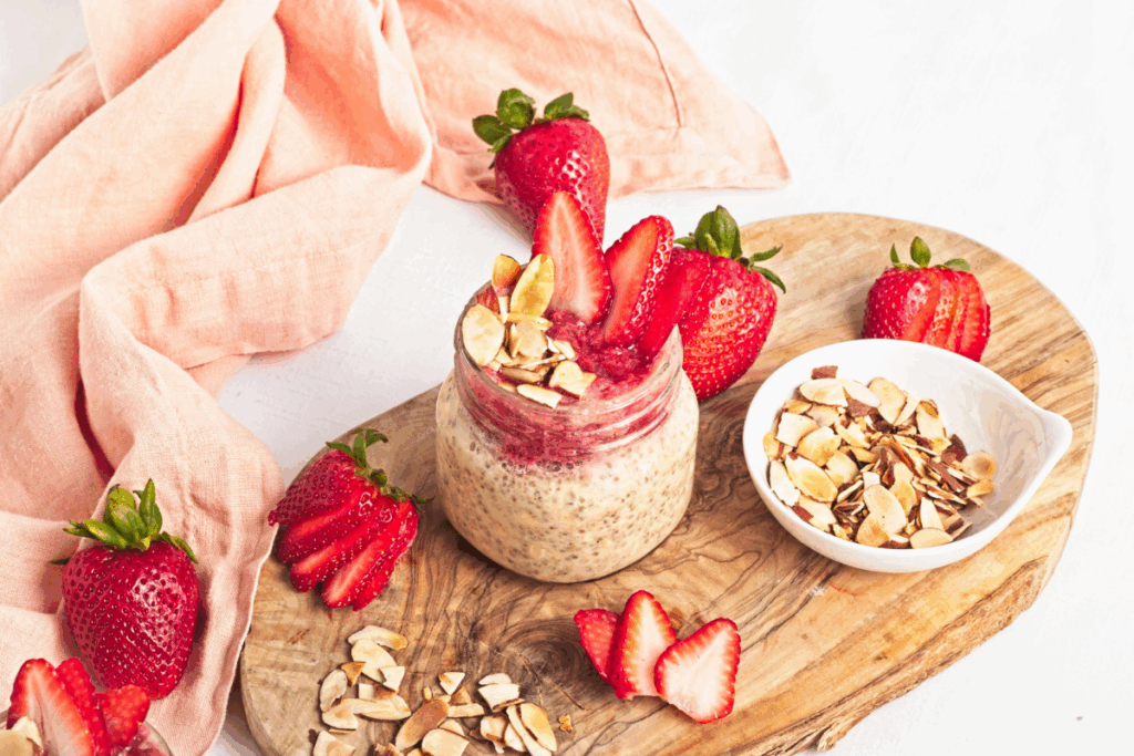 Overnight chia oats with strawberries and almonds on a board and ready to eat.
