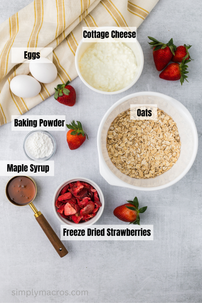 Ingredients measured out to make strawberry cottage cheese muffins. 