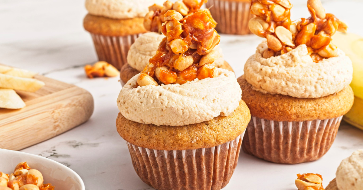 Vegan Peanut Butter Banana Cupcakes with Peanut Butter Brittle