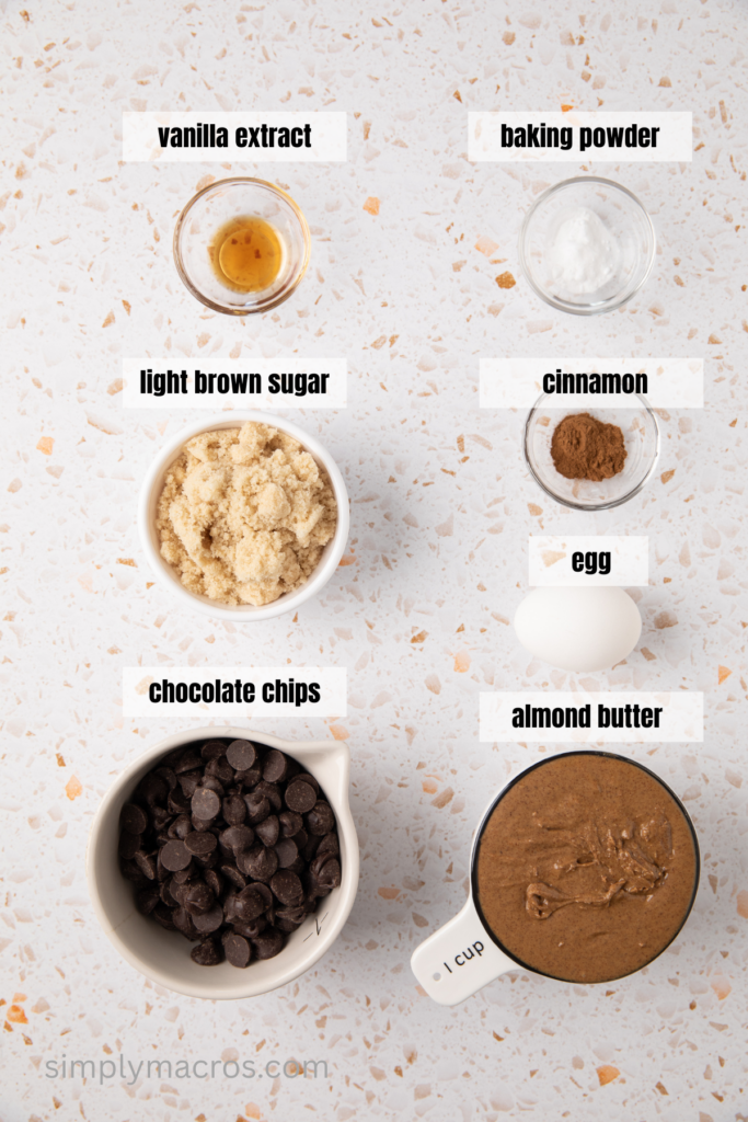 almond butter chocolate chip cookie ingredients that are measured and ready for baking. 