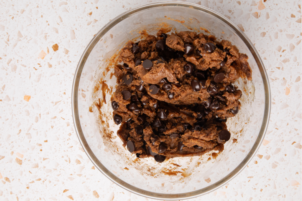 Dark chocolate chips folded into cookie dough. 