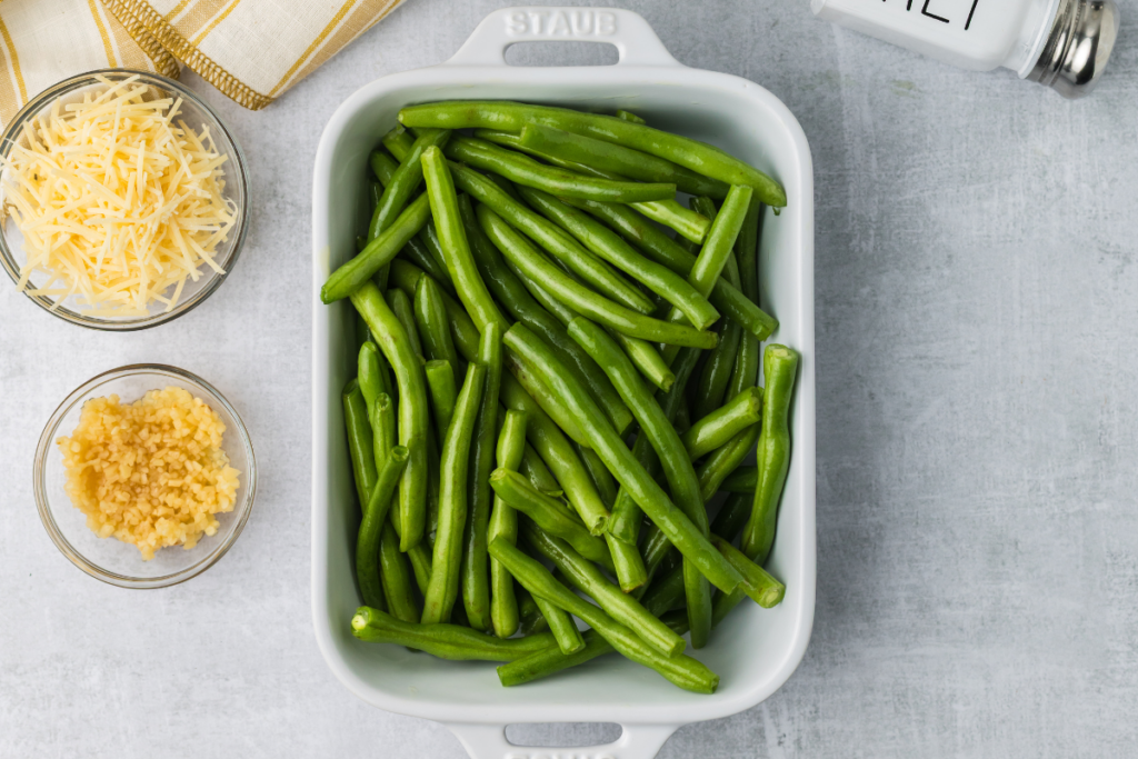 Green beans in a casserle dish.