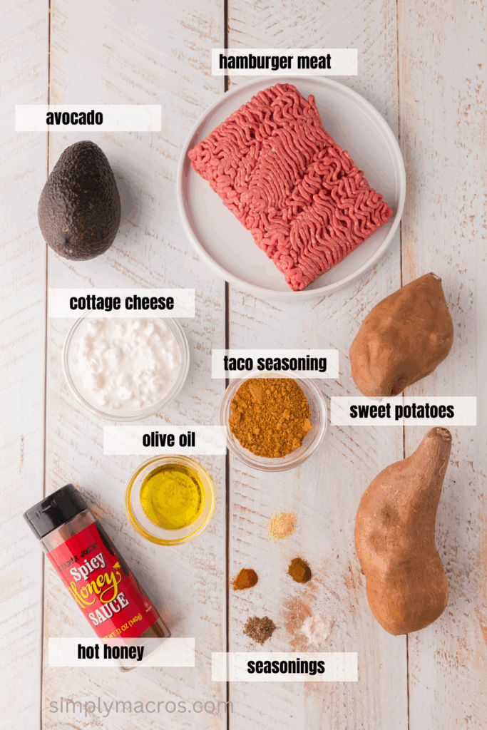 Ingredients measured out to make ground beef bowls with sweet potatoes. 