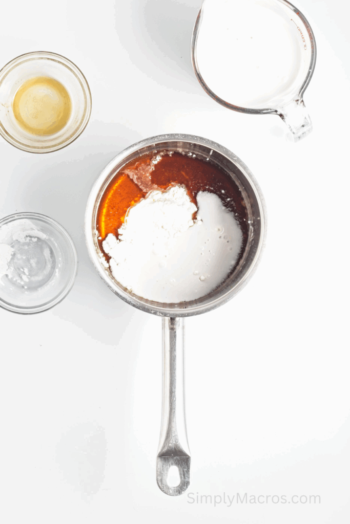 Cornstarch, maple syrup, and coconut milk in a saucepan.