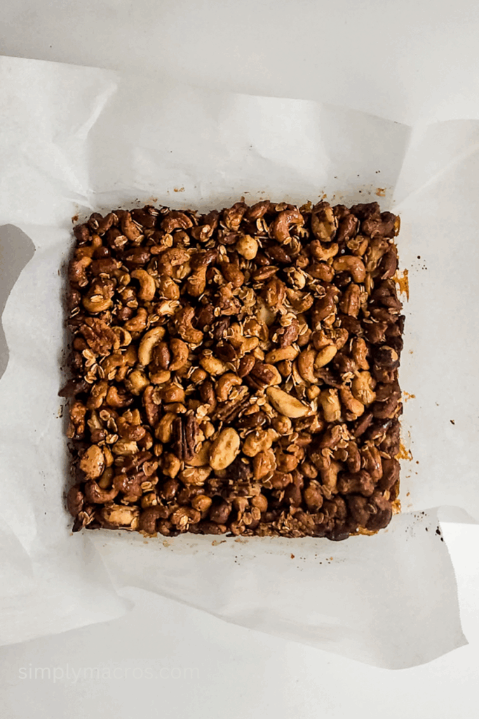 Granola bar mixture removed from the baking dish.