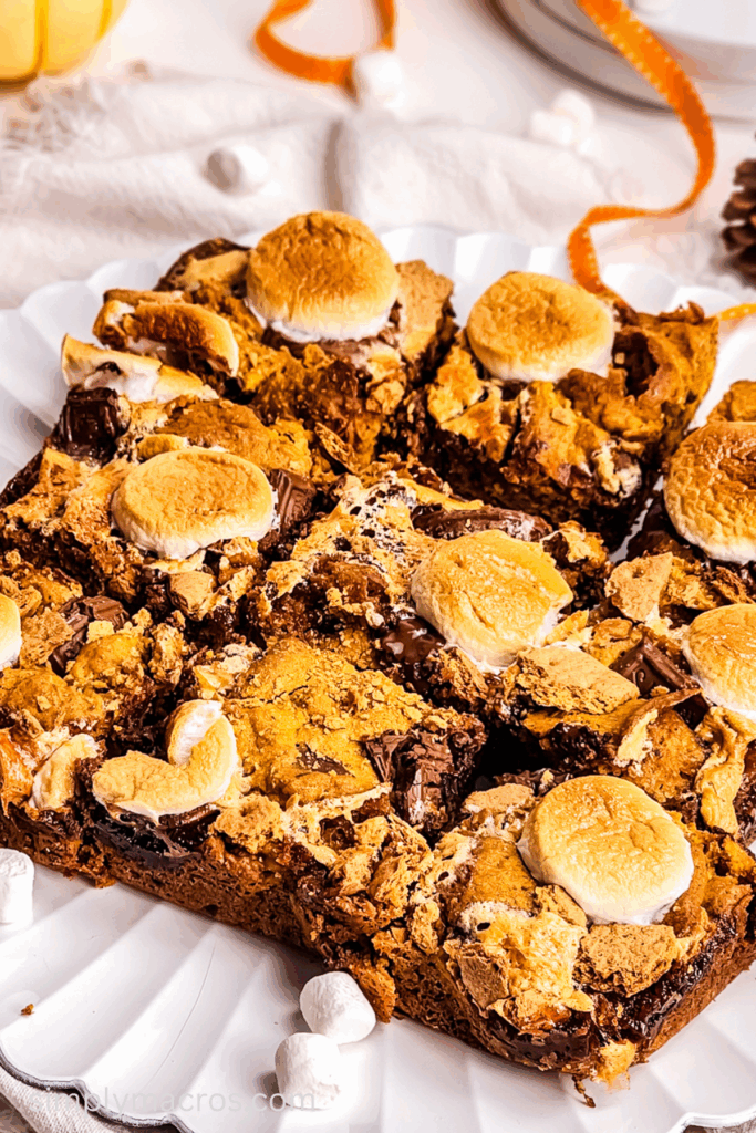 Pumpkin S'mores bars sliced and served on a platter.