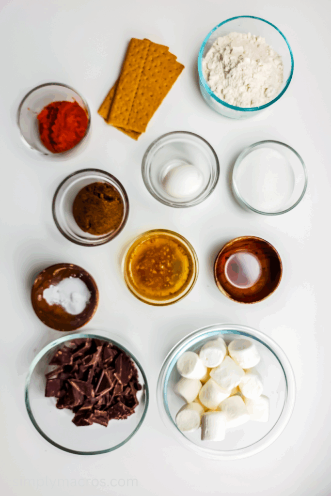 Ingredients used to make Pumpkin S'mores bars measured and ready for baking.