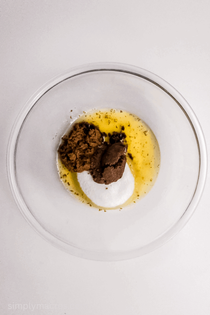 Butter, brown sugar, and granulated sugar in a medium mixing bowl, ready to combine.