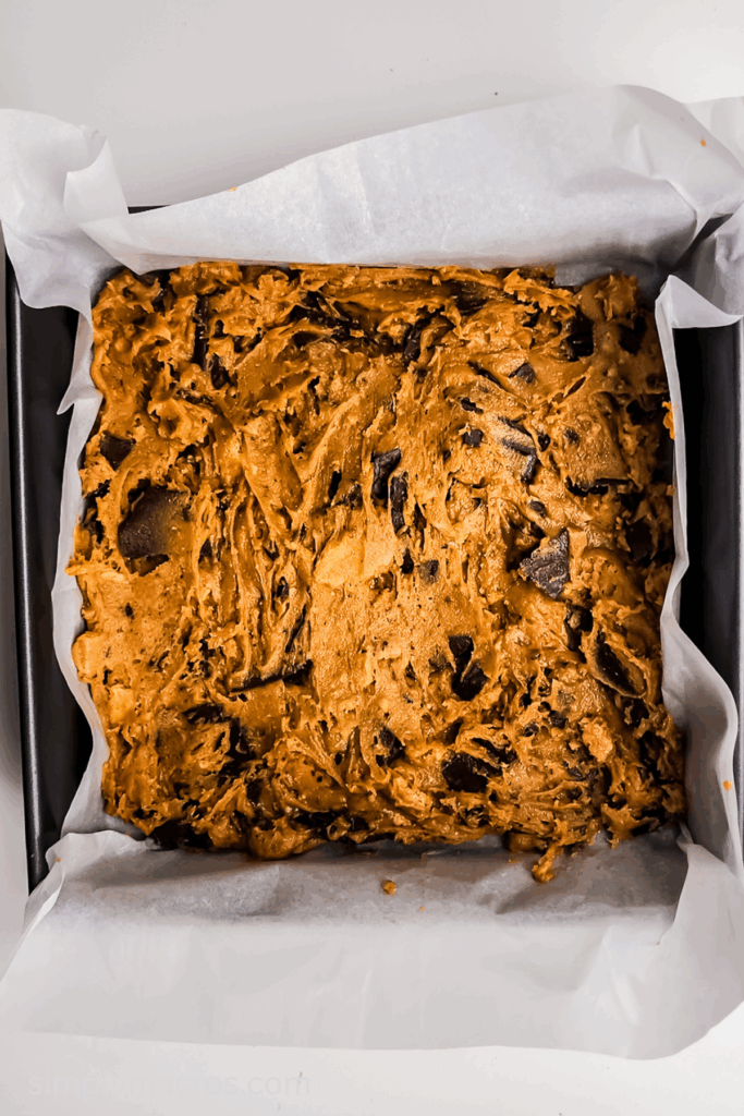 Pumpkin S'mores batter placed into the prepared pan.