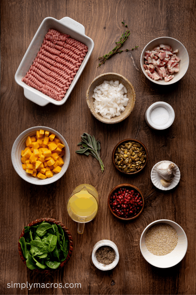Ingredients for the turkey quinoa skillet with butternut squash separated and ready to cook.