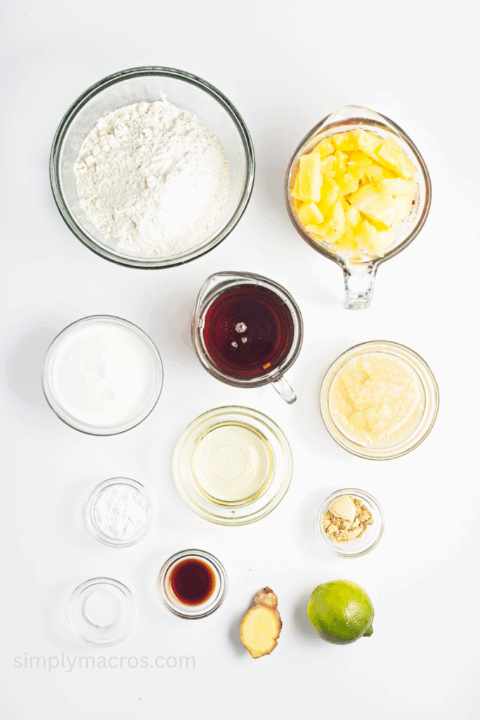 Ingredients measured out that are needed for a vegan pineapple upside down cake.