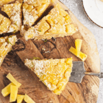 Vegan pineapple upside down cake on a cutting board.